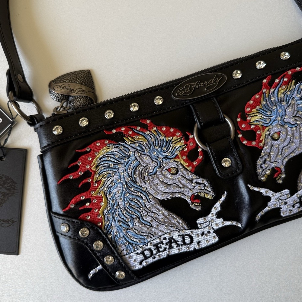 Ed Hardy Womens Shoulder Purse Bag Horses Tattoo Dead Alive Studs Black NWT Y2K - Picture 2 of 8